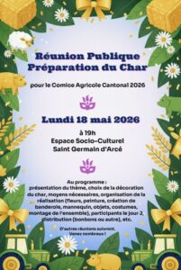 Affiche réunion publique préparation char comice 2026 le 18 mai à19h à l'espace socio-culturel