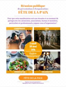 Affiche réunion publique organisation fête de la paix 18 mai 2026 à 20h espace socio culturel